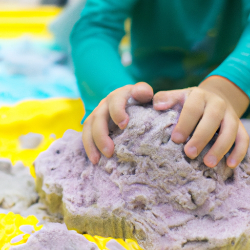 ילד משחק עם תבנית וערימה של חול קינטי, יוצר טירה.