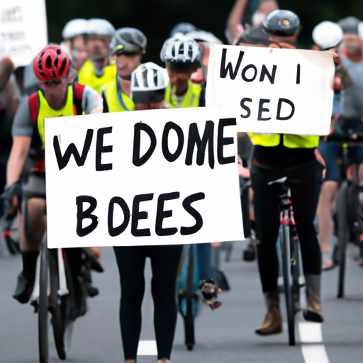 קבוצה של רוכבי אופניים מפגינים למען כבישים בטוחים יותר, אוחזים בשלטים שעליהם נכתב 'אנחנו צריכים לעשות יותר'.